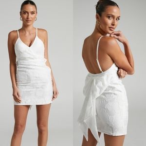 NWT Showpo Allea Jacquard Vneck Bow Back Mini Dress White